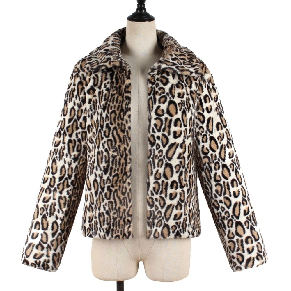 Women's Jacket Faux Fur Leopard Wide Lapel Small